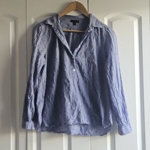 J. Crew Women's Top Size 12 Blue White Gingham 1/4 Button Popover Top Cotton
